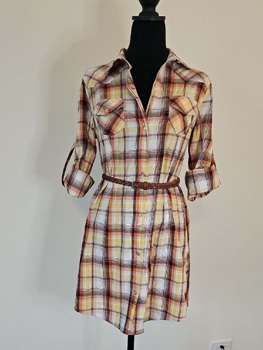 JAK Plaid Button-Front Shirt Dress in Yellow and Brown Made In USA Size Small - Picture 1 of 11